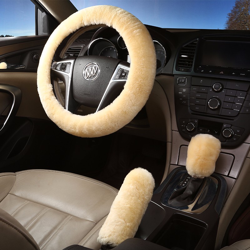 3pcs Plush Car Interior Steering Wheel Covers Winter Faux Wool Hand Brake & Gear Cover Sets