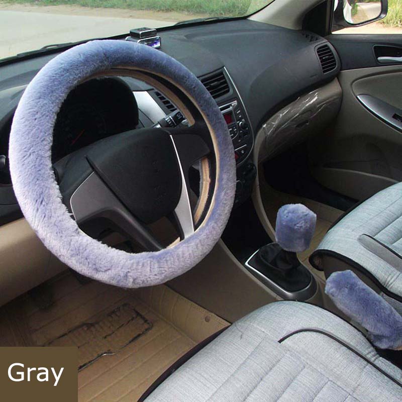 3pcs Plush Car Interior Steering Wheel Covers Winter Faux Wool Hand Brake & Gear Cover Sets