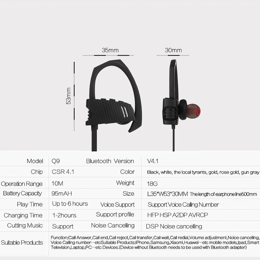 OEM/ODM AF-Q9 HiFi Wireless Waterproof Top Headphones Sport Headset Anti Sweat Bluetooth 4.1